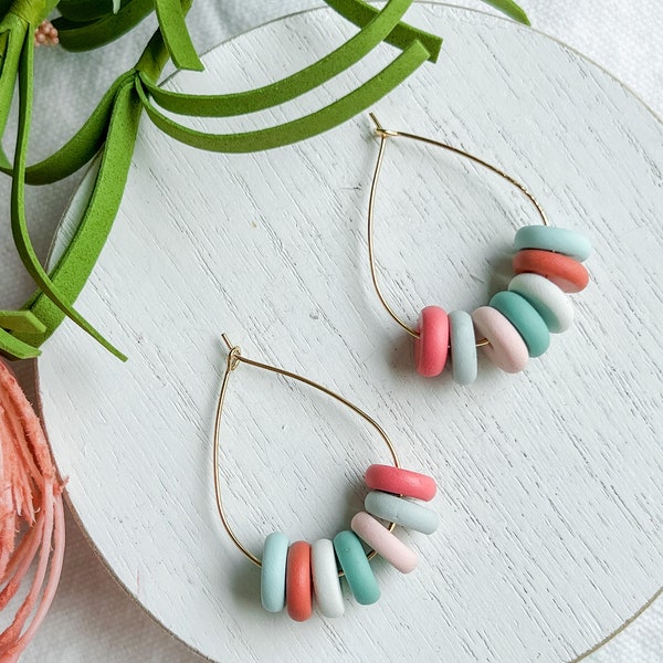 Beaded Teardrop Polymer Clay Hoops in Coral and Turquoise