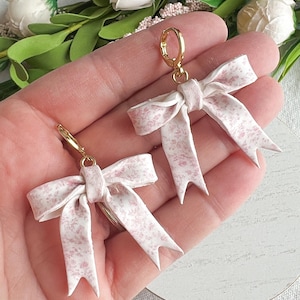 Pink Toile Coquette Bow Polymer Clay Earrings