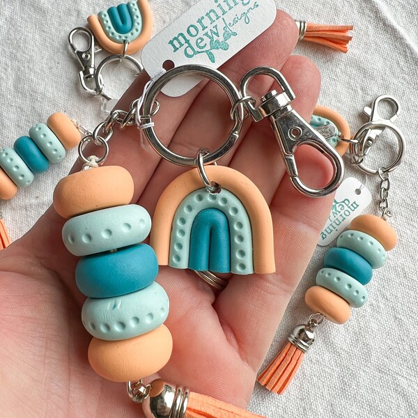 Tangerine, Sky Blue, and Turquoise Rainbow Polymer Clay Keychain