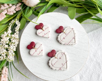 Love Heart Polymer Clay Earrings | Red Heart Dangles