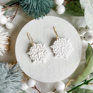 Scandinavian Winter White Snowflake Earrings | Polymer Clay Snowflake Earrings