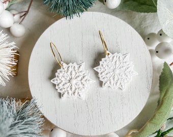 Scandinavian Winter White Snowflake Earrings | Polymer Clay Snowflake Earrings