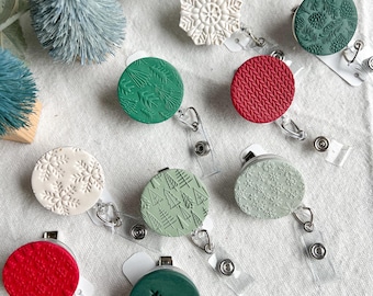 Colorful Textured Christmas and Holiday Polymer Clay ID Badges | Nurse and Teacher Retractable ID Badges