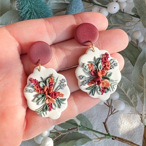 Winter Floral Bouquet Polymer Clay Earrings | Christmas Earrings |