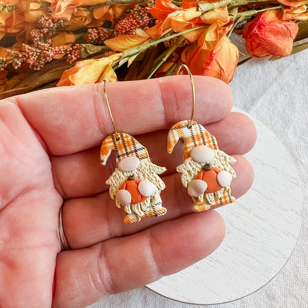 Autumn Plaid Pumpkin Gnome Polymer Clay Earrings | Fall Gnome Earrings