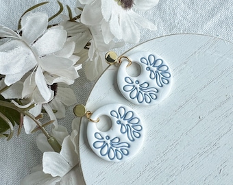 Embossed Blue Leaf Circle Tile Polymer Clay Earrings | Santorini Collection