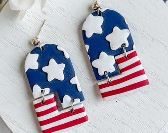 Patriotic Stars and Stripes Arched Polymer Clay Earrings | 4th of July Earrings | Red White and Blue Earrings