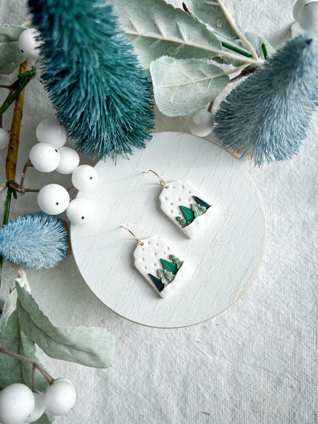Wintery Christmas Tree Scene Polymer Clay Earrings Etsy