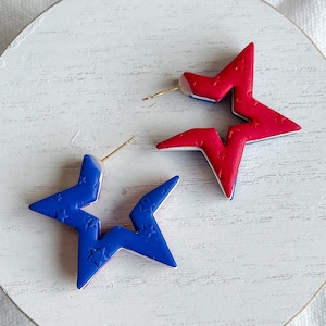 Stars and Stripes, Red, White, and Blue Star Shaped Polymer Clay Hoops