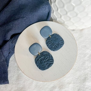 Navy Blue Lace Organic Square Polymer Clay Earrings