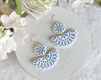 Decorative Embossed Blue Tile Polymer Clay Earrings | Santorini Collection