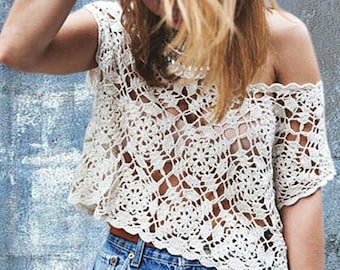 Crochet crop top PATTERN, detailed tutorial in ENGLISH for every row, one size fits most top crochet pattern PDF, sexy crochet top pattern.