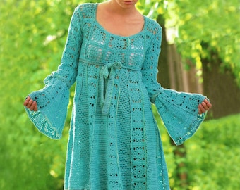 Crochet dress PATTERN, tutorial in ENGLISH crochet dress with granny squares, empire waist dress crochet pattern, bell sleeves crochet dress