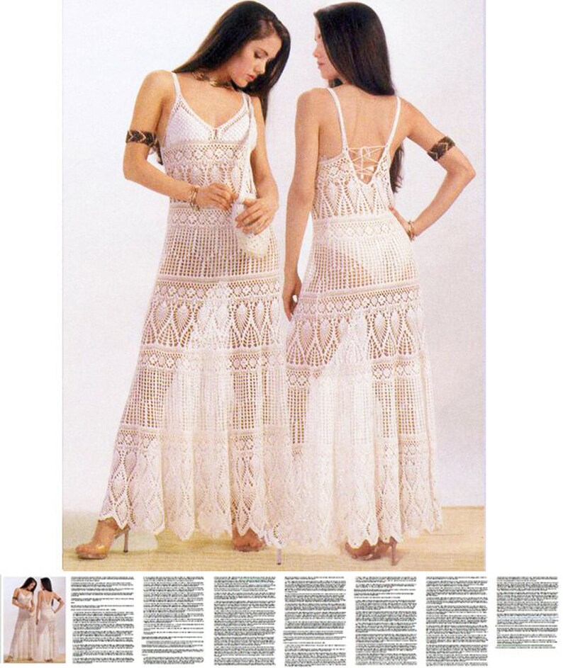 May include: A white crochet maxi dress with a lace-up back and a delicate floral pattern. The dress is sleeveless and has a fitted bodice.