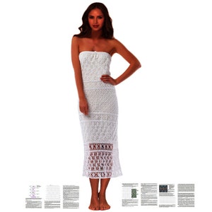 May include: A white crochet maxi dress with a strapless neckline and a fitted bodice. The dress has a delicate lace pattern and a flowing skirt.