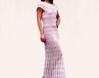 Maxi dress PATTERN with crocheted round yoke and bottom, PDF dress pattern in English for every row, beach wedding dress pattern download
