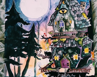 May include: A watercolour painting of a spooky house in the woods. The house has a large eye on the front and a black cat sitting on the porch. There are skulls and other spooky decorations around the house.