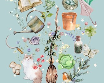 May include: A watercolor illustration of a spring witch theme with a variety of objects including a cat, a broom, a watering can, a book, a frog, a bird, a snail, a mushroom, a cabbage, a nest with eggs, a jar, a butterfly, a sickle, a flower, a pot, an umbrella, and a clover. The background is a light blue color with white stars.