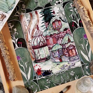 Stampa di un cottage ad acquerello, arte di una serra incantata, decorazioni per la casa in stile bosco.