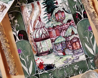 Watercolor Cottage Print, Enchanted Greenhouse Art, Woodland Home Decor