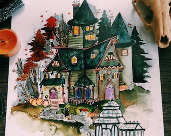 May include: Watercolour painting of a green and purple house with a black cat in front of it. The house has a pointed roof and many windows. There are pumpkins and a glass greenhouse in front of the house.