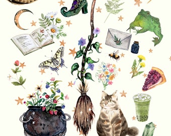 May include: A watercolor illustration of a summer witch theme with a variety of objects including a witch's hat, a broom, a cauldron, a cat, a frog, a butterfly, a book, a green boot, a mushroom, a ice cream cone, a green crystal, a glass of boba tea, a pie, a bottle of potion, a letter, a bee, a crescent moon, and stars. The text "SUMMER WITCH" is at the bottom of the image.