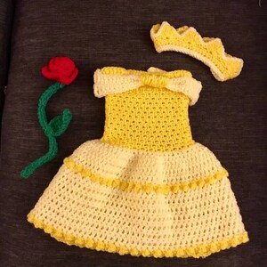 Belle-Inspired Crochet Baby Outfit – Handmade Set with Dress, Crown & Rose Prop | Baby Princess Halloween Costume | Newborn Photo Prop