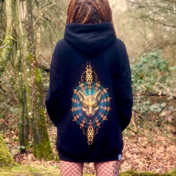 Sudadera con capucha de gato illuminati psicodélico: ideal para fiestas de Goa / Psytrance Hoody Festival Trip