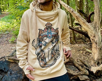 Crossneck Hoodie mit Ganesha indischer Elefant Aufdruck, Pullover für Yoga, Meditation, psychedelische Events wie Goa, Hippie