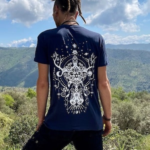 Maori Tortuga T-Shirt Yoga Turtle with Woman Meditating and Tree of Life Blue Yoga Shirt for Meditation and Healing - Kundalini