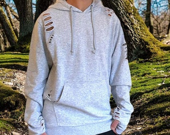 Grauer Hoodie mit vielen Schlitzen im psychedelischen cut out design, perfekter Pullover  für hippie, goa psytrance Partys und Festivals