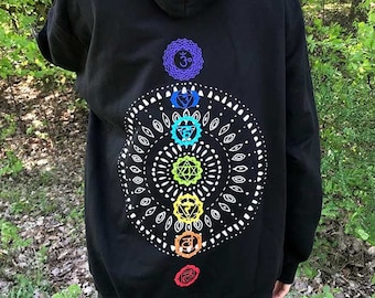 black hoodie with mandala chakra print. sweatshirt for yoga, meditation, psychedelic events like hippie goa, psytrance parties and festivals