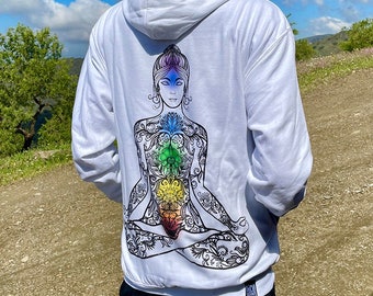 Sweatshirt Jacke meditierende Frau mit Chakren Aufdruck und Unalome, dein Pullover für Yoga, Meditation Chakra Kundalini