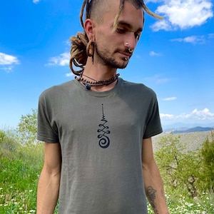 oliv green t-shirt with unalome print, yoga meditation and healing