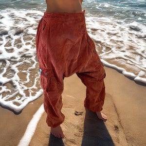 rust red harem pants, bloomers, Aladdin pants, Goa pants for psychedelic events such as hippie Goa and psytrance parties and festivals