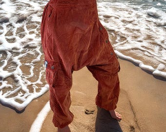 rust red harem pants, bloomers, Aladdin pants, Goa pants for psychedelic events such as hippie Goa and psytrance parties and festivals