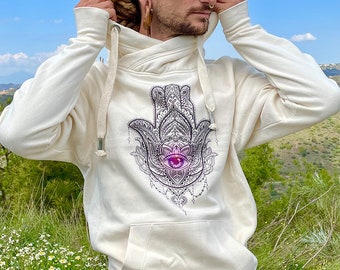 Crossneck Hoodie mit Hand der Fatima Aufdruck, Pullover für Yoga, Meditation, psychedelische Events wie Goa, Hippie