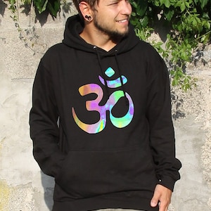black hoodie with holographic om in spectral colors. sweatshirt for psychedelic events like hippie goa, psytrance parties and festivals