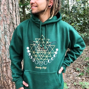 sacred geometry hoodie with big moon moth sri yantra print. sweatshirt for psychedelic events like hippie goa, psytrance, yoga