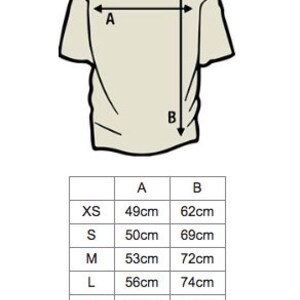 May include: Size chart for a t-shirt with measurements in centimeters for the width (A) and length (B) of the shirt. Sizes include XS, S, M, L, XL, and XXL.