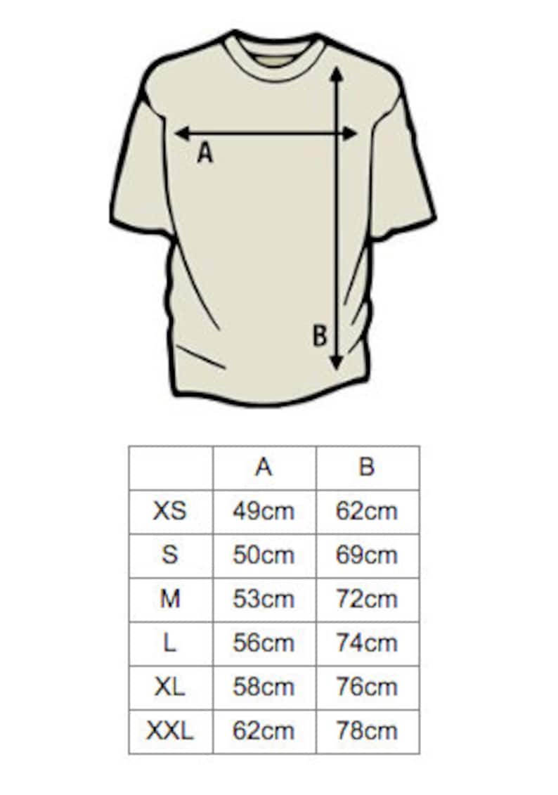 May include: Size chart for a t-shirt with measurements in centimeters for the width (A) and length (B) of the shirt. Sizes include XS, S, M, L, XL, and XXL.