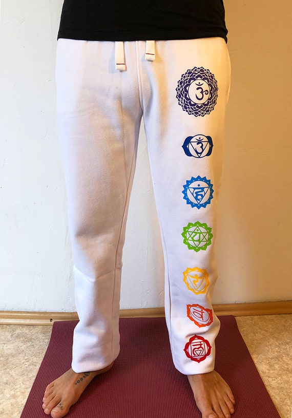 Yoga Pants White With Chakra Print, Perfect Trousers for Yoga, Meditation,  Hippie and Psychedelic Events, Festivals Wide Bloomers 