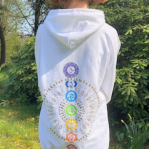 white hoodie with mandala chakra print. sweatshirt for yoga, meditation, psychedelic events like hippie goa psytrance