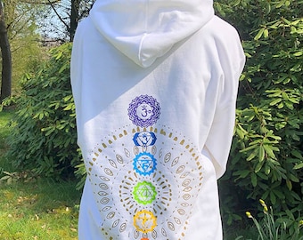 white hoodie with mandala chakra print. sweatshirt for yoga, meditation, psychedelic events like hippie goa psytrance