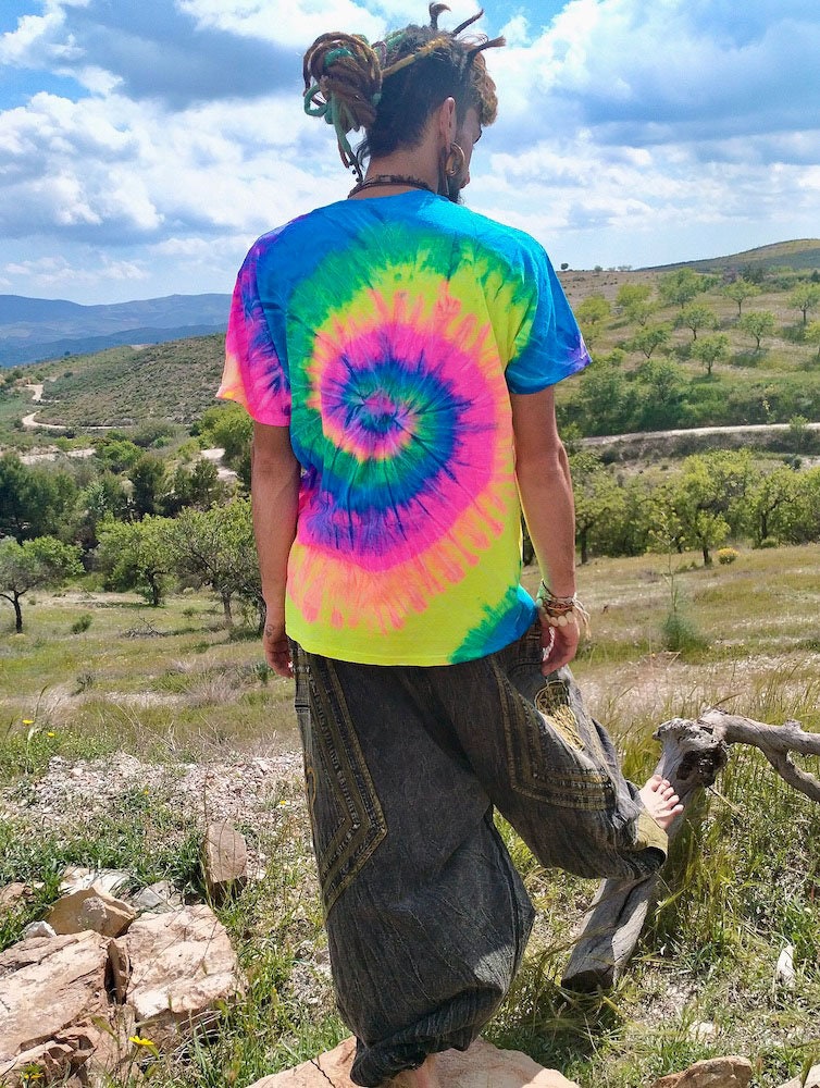 Psychedelic Neon Rainbow Tie Dye T-shirt for Goa Hippie and