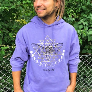 sacred geometry hoodie with big moon moth sri yantra print. sweatshirt for psychedelic events like hippie goa, psytrance, yoga