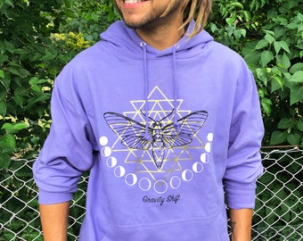 Hoodie mit Mond Motte und Sri Yantra Aufdruck, Heilige Geometrie Pullover für Yoga, Meditation auf psychedelischen Events wie Goa, Hippie