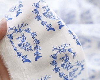 SALE, 100% katoenen stof met witte kleur met blauwe bloemen, handgemaakte katoenen stof, doe-het-zelf jurkstof, zomerjurkstof op maat gesneden