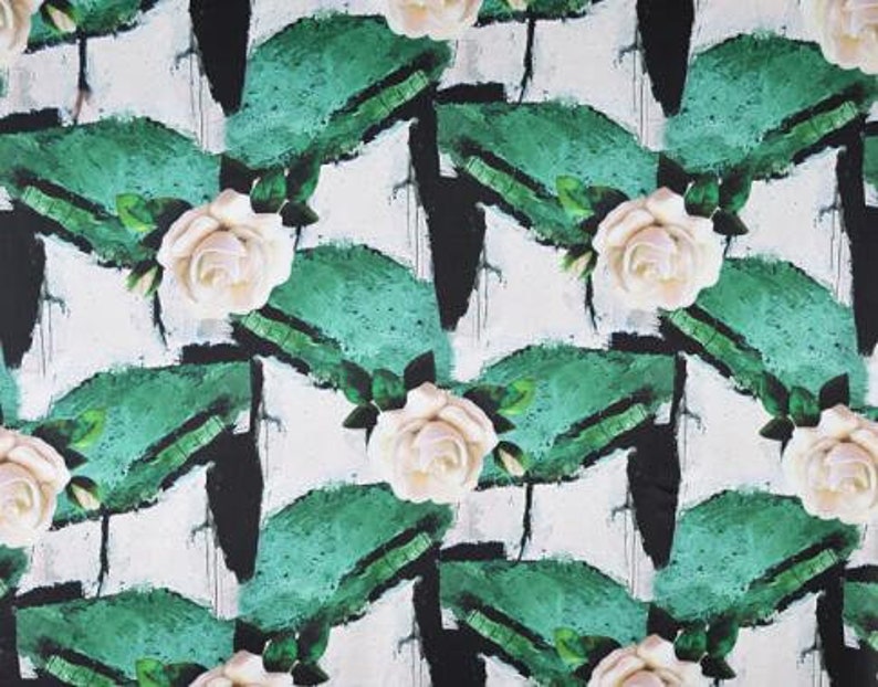 SALE New style printed silk with green leaf and cream white flower by the yard for party-HJH silk dress fabric 20 mm silk fabric