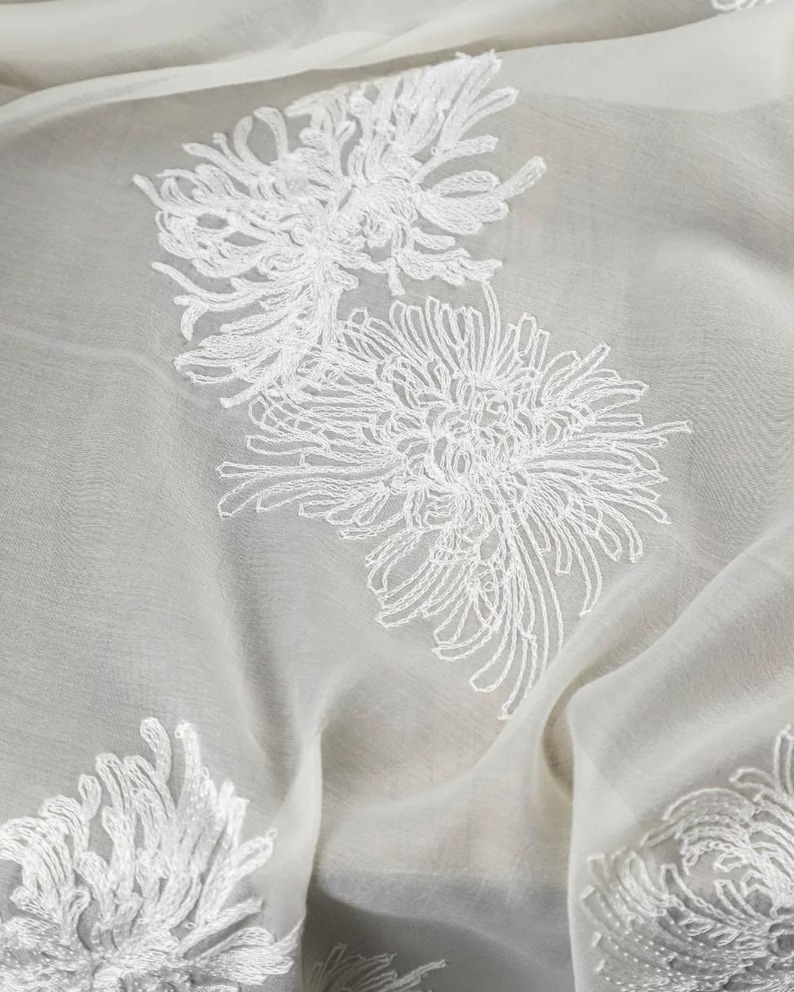 Apricot Chrysanthemum Embroidery Tencel Mesh Transparent Jacquard Elegant Shirt Dress Half Skirt Designer Fabric image 8